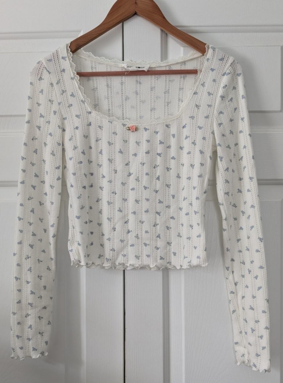 Pink Rose Floral Pointelle Long Sleeve Top